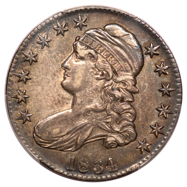 1834 50C Large Date, Large Letters O-103 Capped Bust Half Dollar PCGS AU55 (CAC)